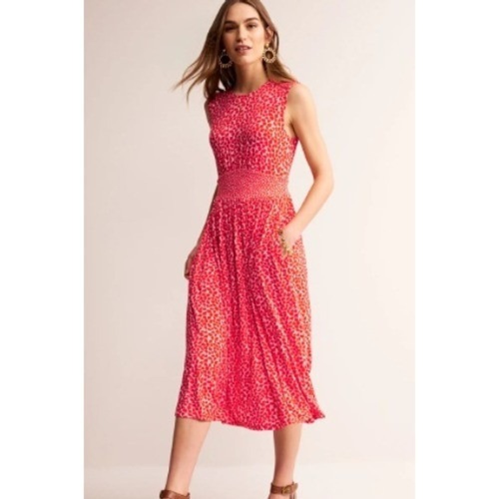 Boden Thea Sleeveless Smocked Midi Dress-Poppy Red, Botanic Spring US 6R